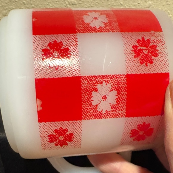 Vintage Federal Milk Glass Mugs in Red and White Gingham with Small Flowers - Picture 2 of 16